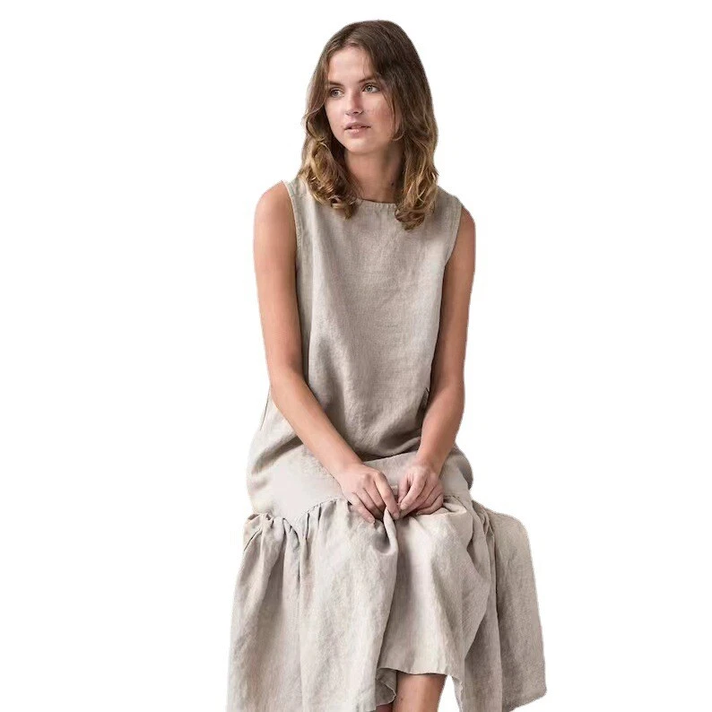 OFF WHITE Abito donna tubino smanicato aderente abito lungo Falbala volant cotone lino