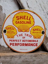 VINTAGE SHELL GASOLINE PORCELAIN SIGN 1936 TRIO AUTOMOBILE AUTO GAS MOTOR OIL