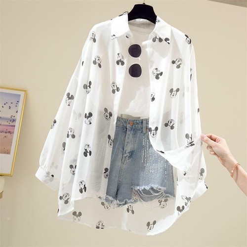 Women's Mickey Mouse Print Long Sleeve Tops Loose White Blouse Casual Shirt UK - Picture 2 of 9