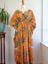 Indian Cotton Animal Printed Long Kaftan Dress Kimono Sleepwear Caftan Maxi