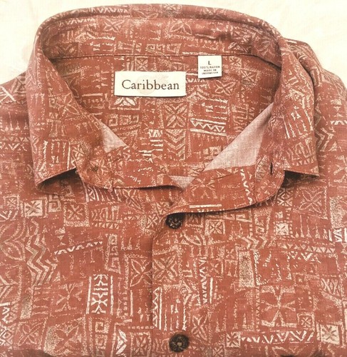 Caribbean Men's 100% Rayon Short Sleeve Shirt Size Large Brick Orange Print 5M23 - Foto 4 di 7