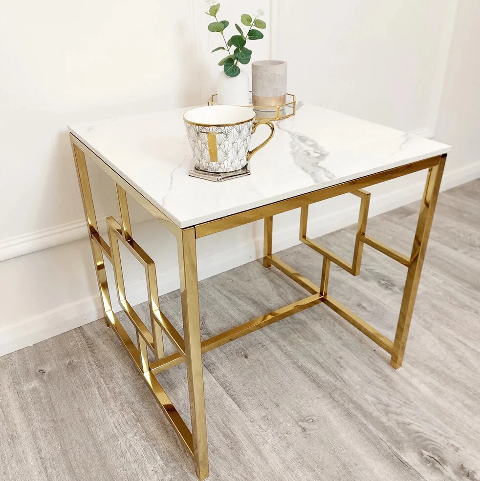 Gold Geometric side table White Sintered top chrome Gold Modern End Table