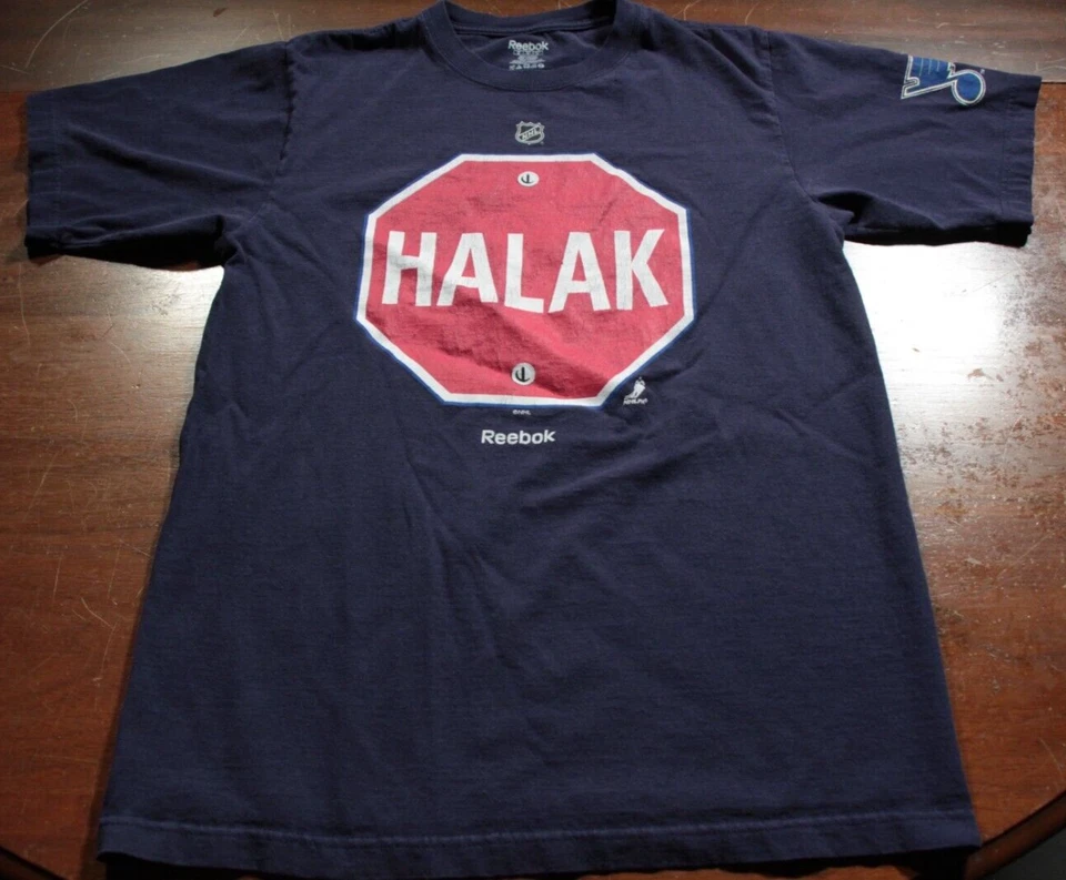 Camiseta St. Louis Blues Jaroslav Halak Stop Sign NHL Hockey Shirt M Goalie Foto 2 de 4