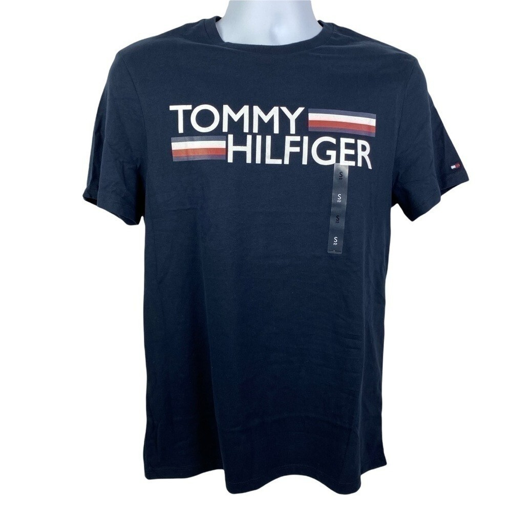 Tommy Hilfiger Men's Navy Blue Graphic Stripe Tee Small Fall 2021 Flag Sleeve New