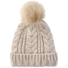 Pom Cable Knit Insulated Beige One Size Hat NEW