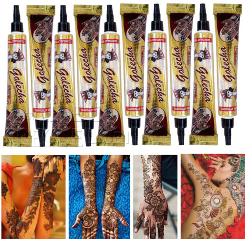 10 tubi all'henné naturale Golecha per tatuaggio Mehndi - rosso-marrone/marrone, 250 g-no PPD! - Foto 1 di 8