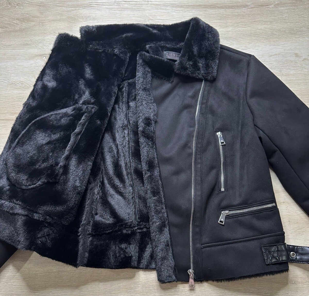 NWOT Polo Ralph Lauren Womens Jacket Black L Faux Shearling Moto