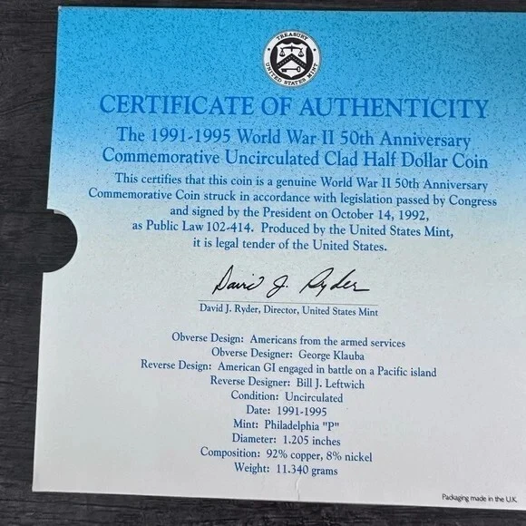 1991-1995-P WWII Half Dollar Commemorative Coin Collector's Edition - Image 3 of 4