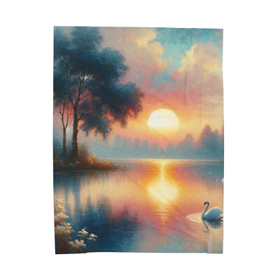 Velveteen Plush Blanket Home Decor Tranquil Lake Sunset Swan