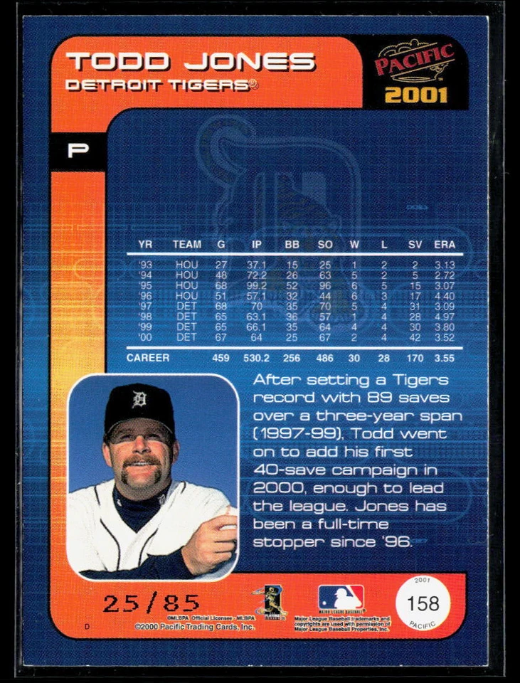 Todd Jones 2001 Pacific Retail LTD #158 #/85 slightly touched corners SN - Image 2 of 2