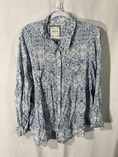 STYLE & CO blue white geometric long sleeve button up top L