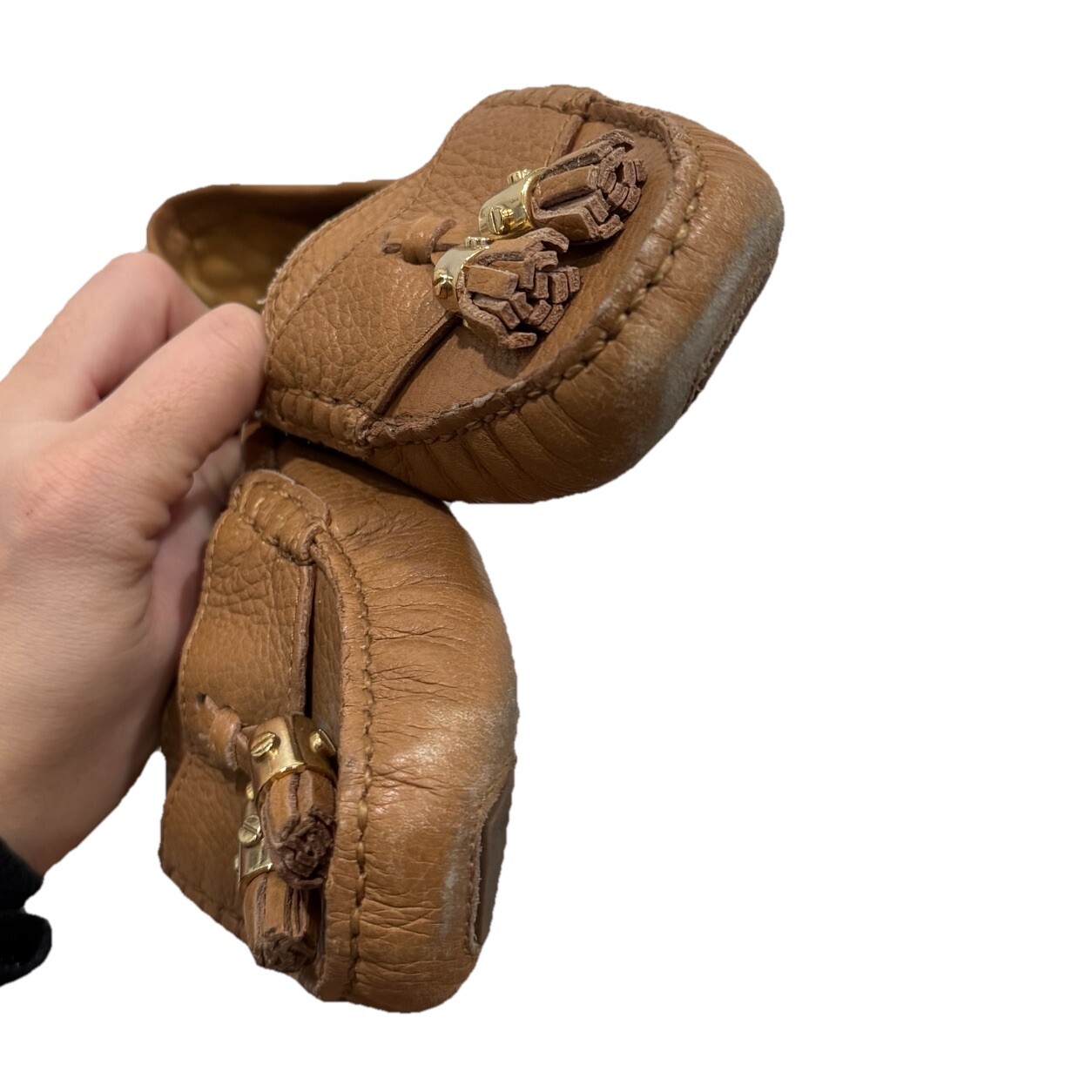 Tory Burch Camel PENNIE LOAFERS Pebble Leather Gold Slip-On Career Womens 9M thumbnail 5