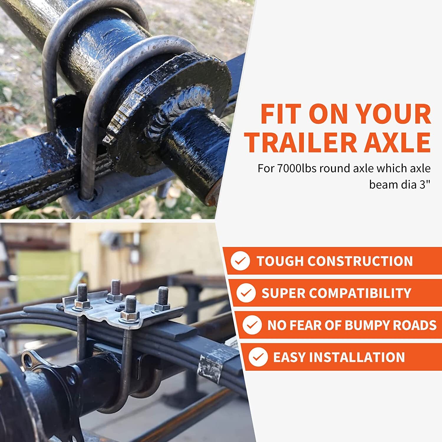 Grade 5 U-Bolt Kit For 3" Round Axles – 7" U-Bolts, Plates, Nuts, Washers – Fits 5,200-7,000 Lb Trailer Axles