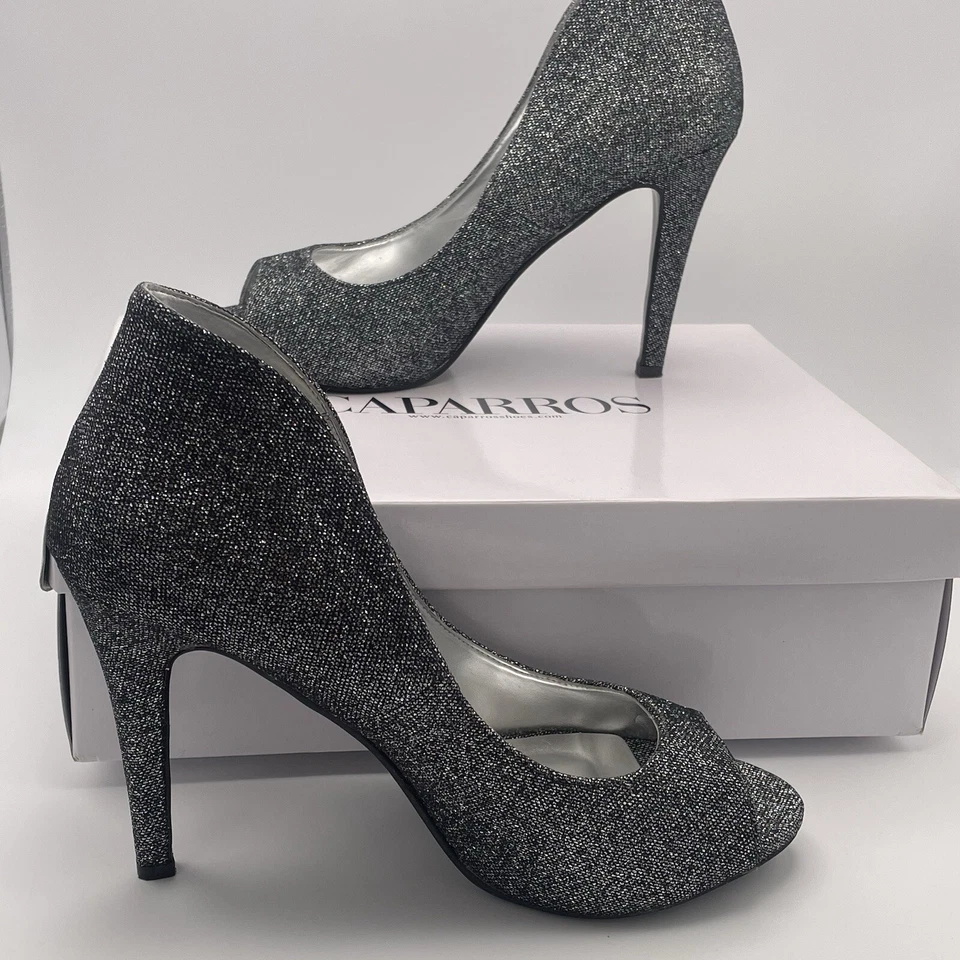 Mujeres Plata Brillante Puntera Abierta Tacones por Caparros Fiesta Boda Baile de graduación 8 1/2 Foto 2 de 4