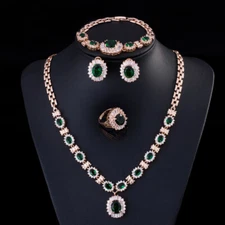 Vintage Green Oval Earring Necklace Bracelet Ring Gold Plated Zircon Jewelry Set
