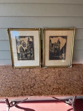 VINTAGE PAIR WOODBLOCK PRINT ROTHENBURG OB DER TAUBER BY W. HUNDT SIGNED, FRAMED