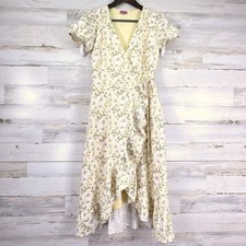 Mi Ami Francesca's Yellow Floral Wrap Dress Ruffle High Low Midi Linen Blend M