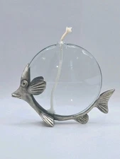 1980s Pewter Angel Fish Circular Blown Glass Flask Oil Diffuser/Vase •Unique 5"H