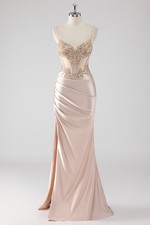 Leely Sparkly Champagne Corset Mermaid Prom Dress with Slit, Size 8
