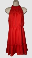 Vince Camuto Women's Red Ruffled Smocked Halter Dress Petite Size 8P
