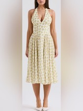 NEW HOUSE OF CB SOLADA Ivory Floral Print Georgette Halter Sz S plus cup