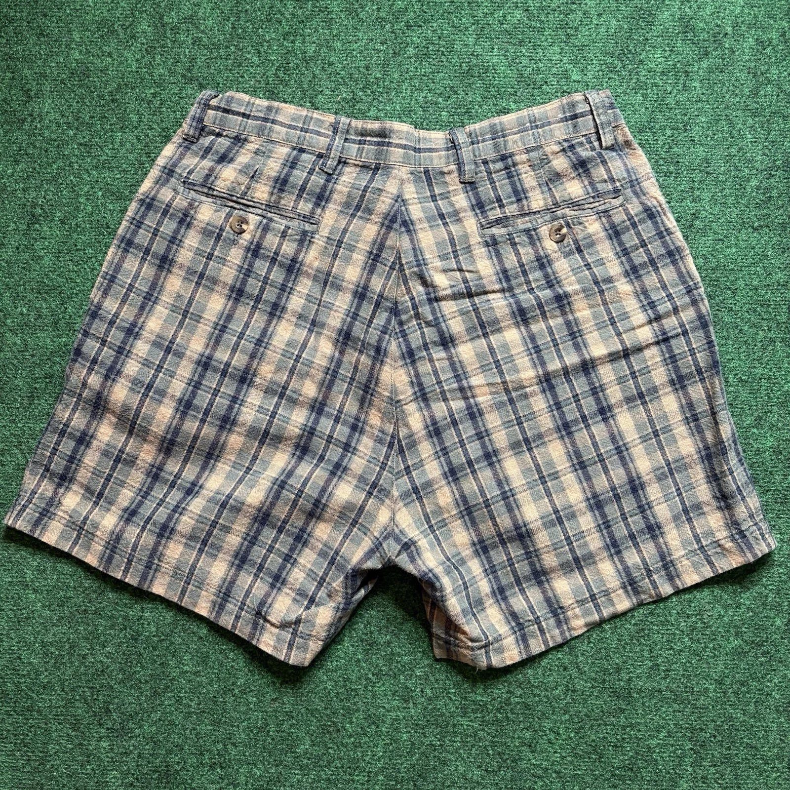 Vintage Eddie Bauer Plaid Shorts Sz 33 Green Brown Linen Cotton