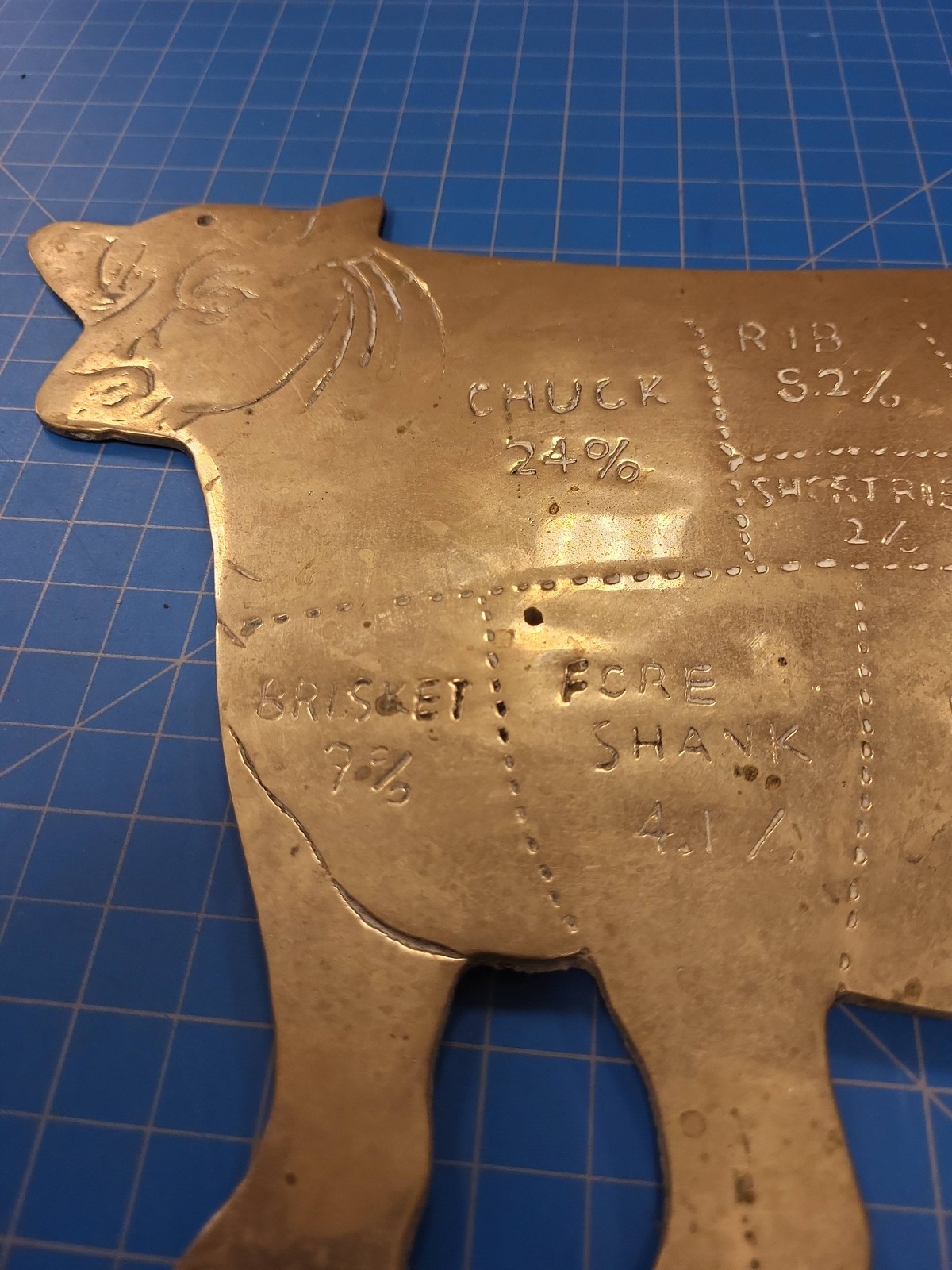 Vintage Brass Butcher Cut Chart Bovine Cow Meat Cuts Farmhouse Decor 10.75" Long