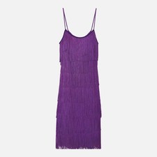 Vintage 80s 90s Steppin’ Out Purple Gatsby Flapper Fringe Party Slip Dress XS/S