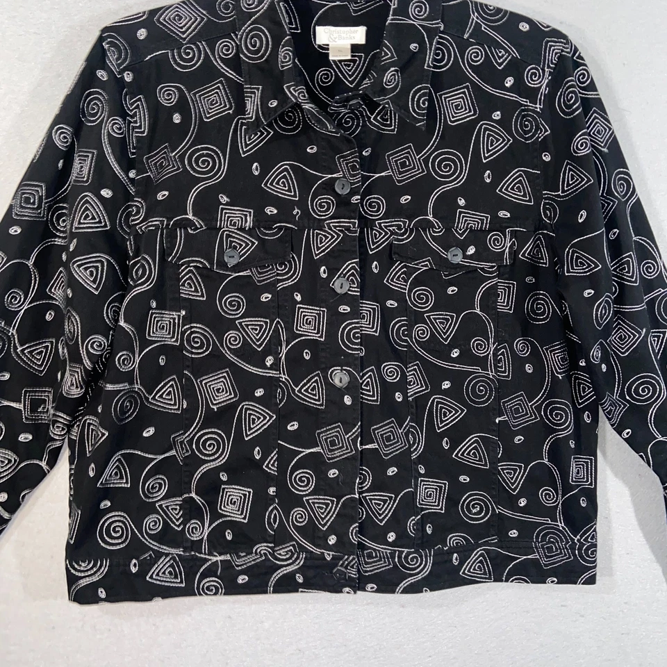 Christopher & Banks Mujer Chaqueta XL Negra Bordada Geométrica Botón Frontal Foto 2 de 4