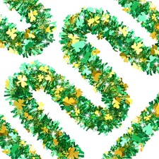 50FT St. Patrick's Day Tinsel Garland Shamrock Clover Green Gold Metallic Tin...