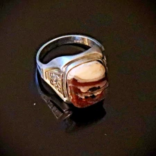 Art Deco Ostby Barton Sterling Rolled Gold Petrified Wood Dog Sled Signet Ring