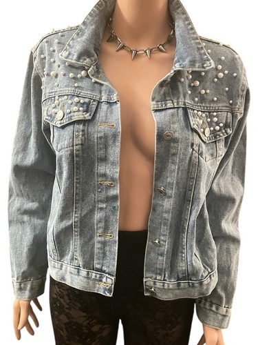 Blue Denim Jacket Embellished Pearl Bling Trucker Style Cotton Pockets Size S - Bild 2 von 6