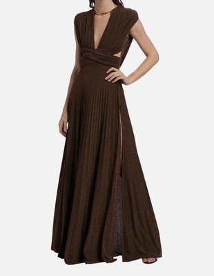 Elisabetta Franchi Women's Brown Lurex Pleated Crossover Waist Dress Size 42