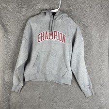 Champion Hoodie Mens Medium Gray Pullover Fleece Sweatshirt Arch Logo Graphic
