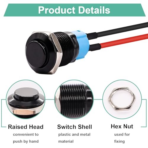 /5 piezas Interruptor de botón pulsador de 12 mm ENCENDIDO apagado mini redondo impermeable carcasa negra cierre - Imagen 4 de 6