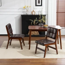 Furniliving Oak Wooden Dining Chairs Set of 2, Mid-Century Modern Leather Uphols