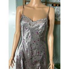 Victorias Secret Silver Floral Satin Lace Trim Slip Dress Nightgown Small