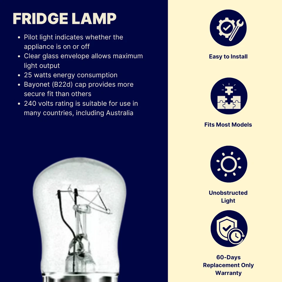 25W 240V Pilot Clear Bayonet Cap Bulb for Kelvinator Fridge PN:LM109 | OEM - image 2 of 4