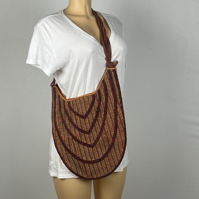 Boho Beaded Crossbody Bag OS Chevron Earth Tones Hippie Granola Gypsy Bohemian