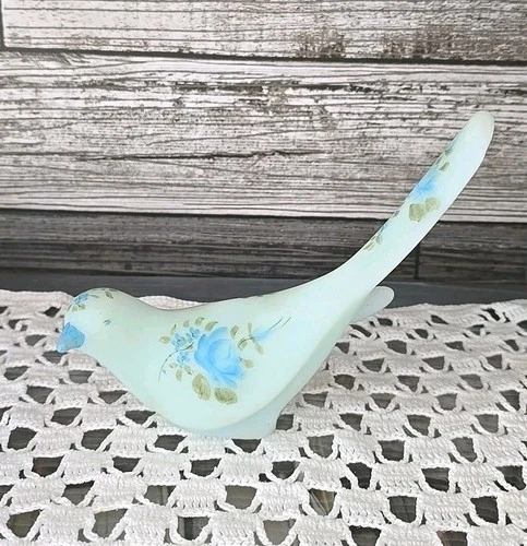 Fenton Blue Satin Glass Bird of Happiness By Carlotte Smith Custard Flowers VTG