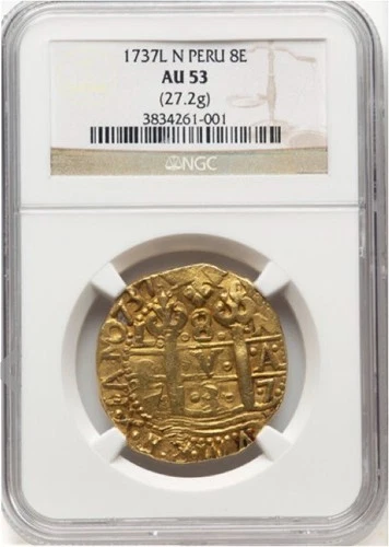 1737 Lima Peru AU53 8 ESCUDOS PHILIP V GOLD COB NGC
