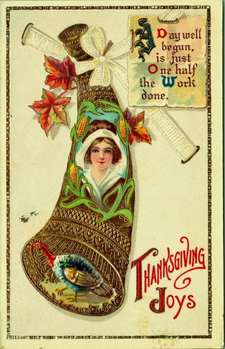 Hübsche Pilgerin im Goldhorn Erntedank Gel Postkarte - Bild 1 von 2