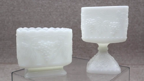 2 Vintage Milk Glass Grape Leaves Pattern Footed Candy Dish