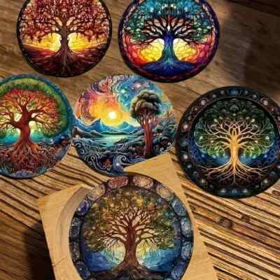 2x Wikinger Holz Untersetzer bunt rund Nordland Tisch Deko Yggdrasil Lebensbaum