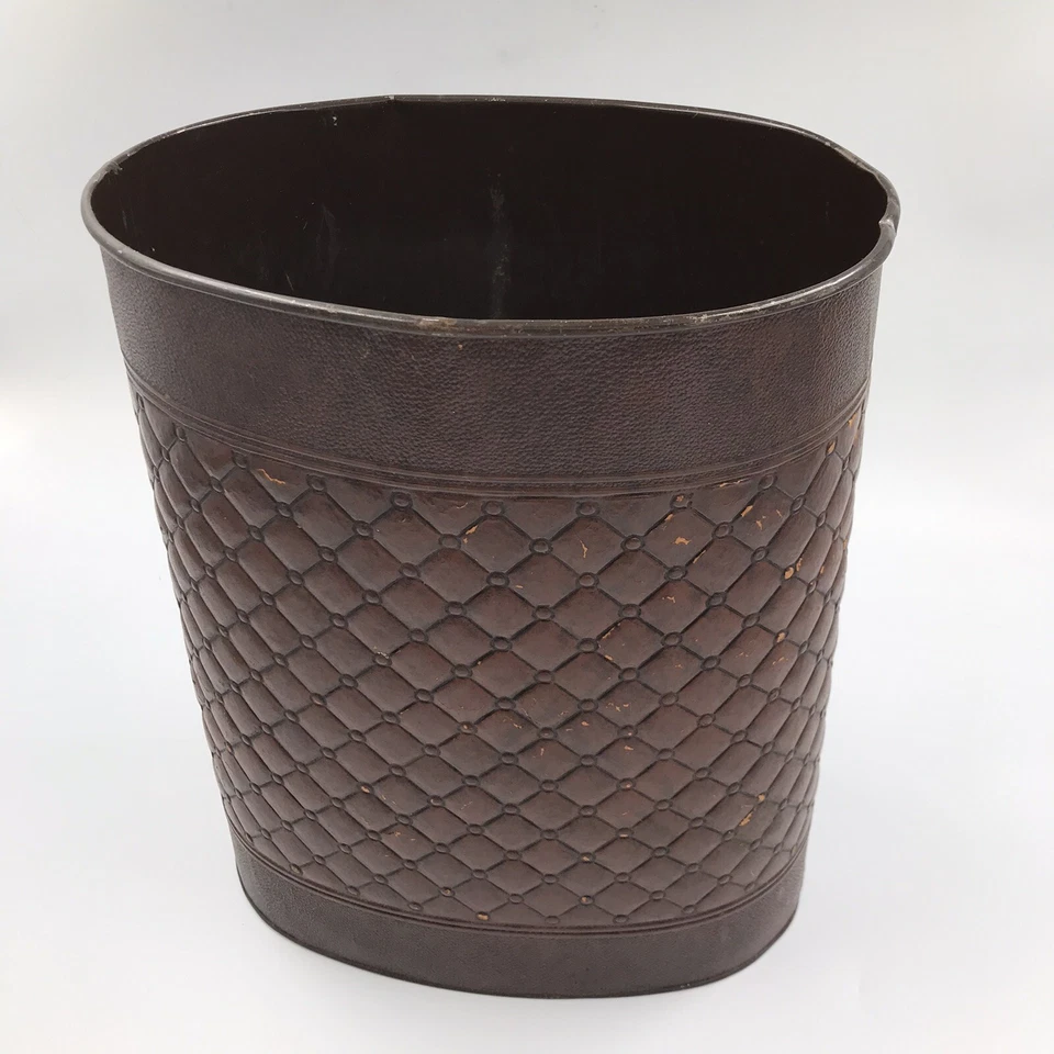 Vintage Faux Leather Trash Can 12 1/2 x 10 x 7 1/2 in Waste Bin Retro Bathroom - Image 3 of 4