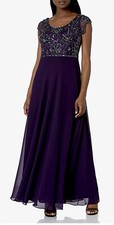 Women  s Formal Dress Size 8 JKara Purple Gown Beaded Sequins Floral Short Sleeve