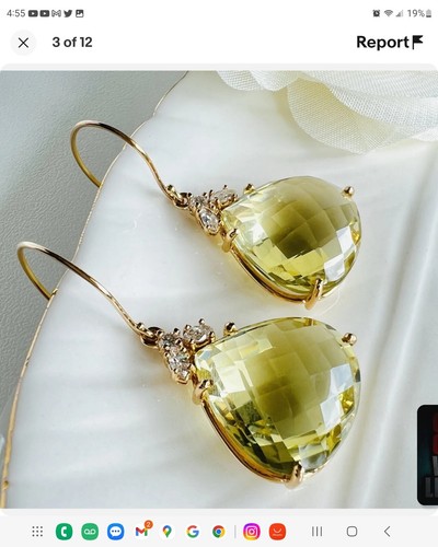 Solid 14k Yellow Gold Genuine Lemon Citrine (27ct) & Diamond Dangle Earrings - Picture 5 of 5