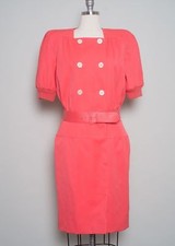 VALENTINO Boutique VTG Retro Pink Coral Wool Twill Button Suit Dress / Belt 12 L