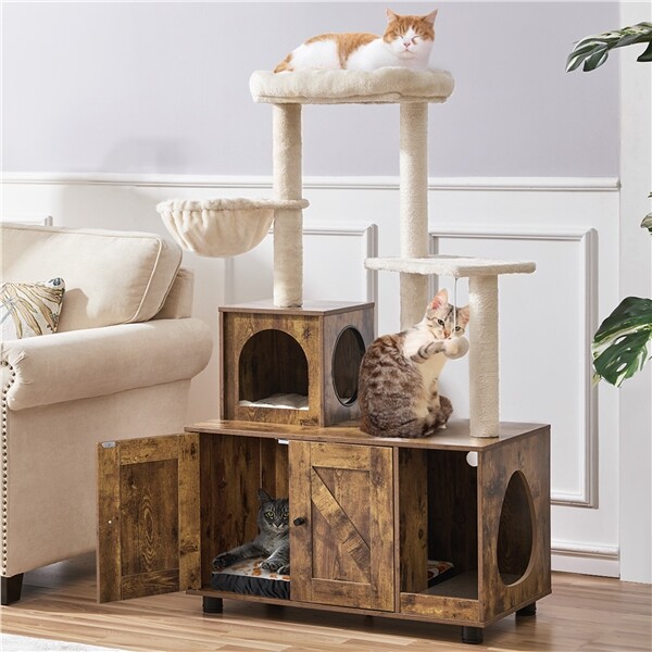 Cat Tree Tower W/Litter Box Enclosure, Hidden Cat Washroom with