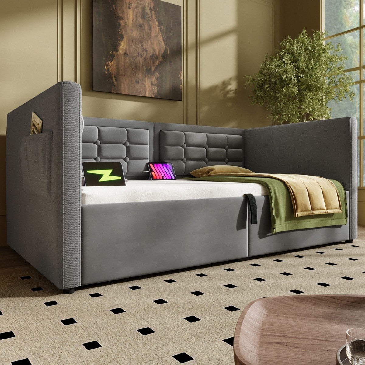 【hy100602】socph bed double Twin Size Daybed Upholstered Bed Frame Sofa Bed w/ Hydraulic